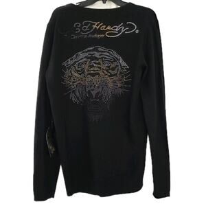 Ed Hardy Black Pullover Sweater Size L wool/nylon Bling Rhinestone Big Logo NWT